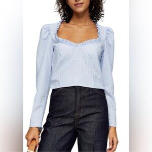 Topshop Puff Sleeve Prairie Ruffle Crop Top Blouse Baby Blue New